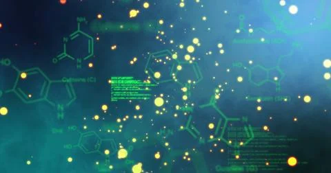 Image of yellow spots floating over chemical structures and data processing on Stock Illustration