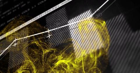 Image of yellow spots over data processing on black background Stock Photos