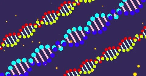 Image of yellow spots over dna structures spinning against blue background Stock Photos