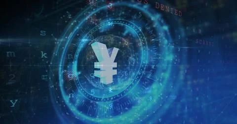 Image of yen symbol on rotating safe lock over data processing and security Illustrazione stock