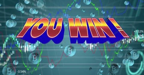 Image of you win in digital abstract space with graphs and bitcoins Stock Illustration