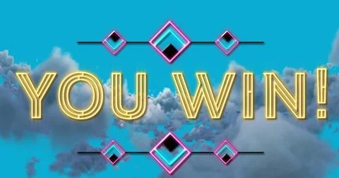Image of you win neon text and pattern over clouds on blue background Stock Photos