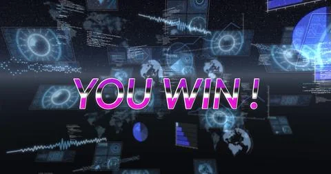 Image of you win text and data processing on black background Stock Illustration