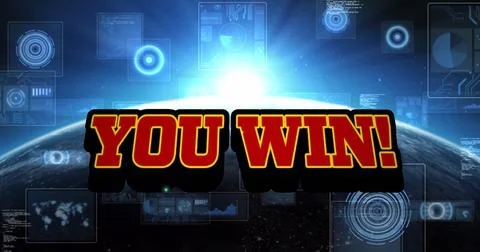 Image of you win text and data processing with globe on black background Stock Illustration