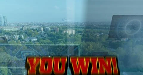 Image of you win text and data processing over cityscape Stockillustratie