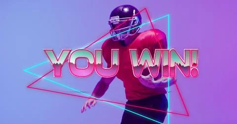 Image of you win text and neon shapes over american football player on neon Fotos Stock