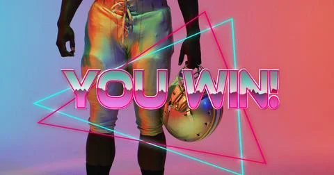 Image of you win text and neon shapes over american football player on neon 스톡 사진