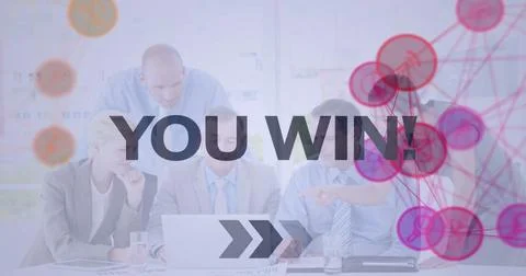 Image of you win text and connected icons globes over diverse coworkers Stock Photos