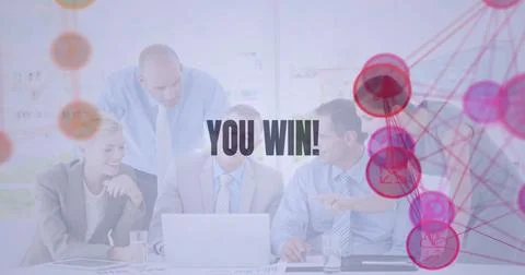 Image of you win text and connected icons globes over diverse coworkers Stock Photos