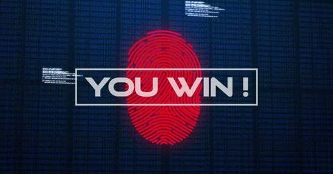 Image of you win text and fingerprint over data processing Stock Photos