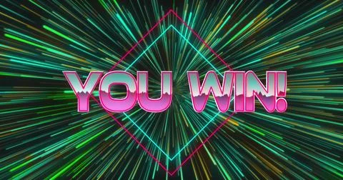 Image of you win text banner over green light trails in seamless pattern on Foto stock