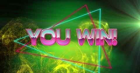 Image of you win text banner over golden digital wave and light spot against Stock Photos