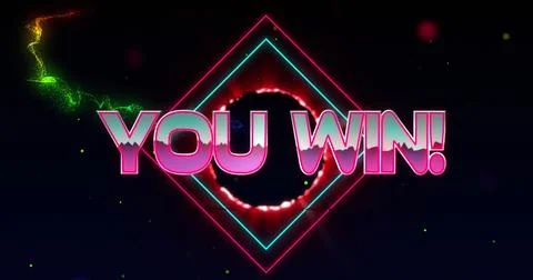 Image of you win text banner over colorful light trails and light spots against 스톡 사진