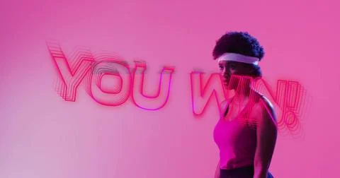Image of you win text, neon pattern african american female tennis player Stock Photos