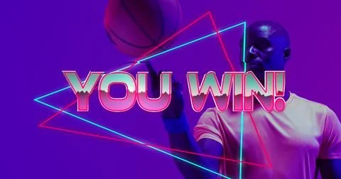 Image of you win text over neon pattern and african american basketball player Illustrazione stock