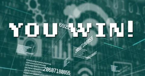 Image of you win text over numbers, digital icons and data processing Stock Illustration