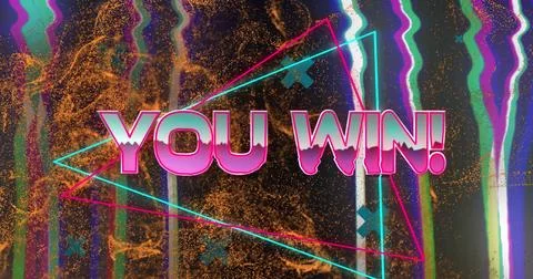 Image of you win text over glowing moving wave and colorful shapes Stock Illustration