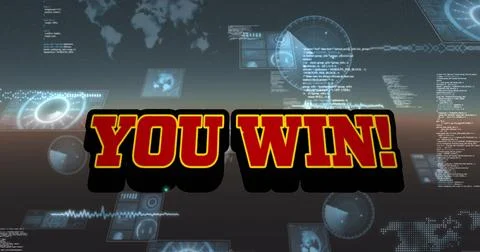 Image of you win text over scope scanning and data processing Illustrazione stock