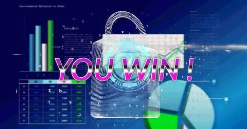 Image of you win text over data processing and padlock icon Stock Illustration