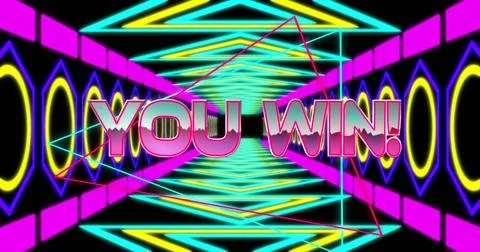 Image of you win text over shapes on black background Stock Illustration