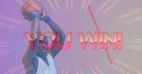 Image of you win text over neon pattern and african american basketball player Stock Photos