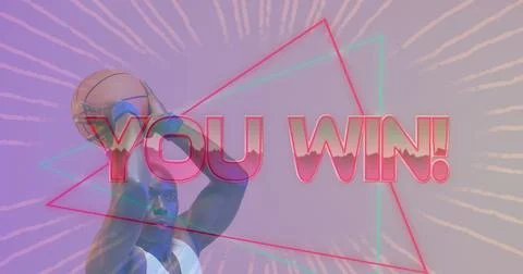 Image of you win text over neon pattern and african american basketball player Stock Photos