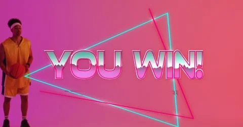 Image of you win text over neon pattern and biracial basketball player Stock Photos