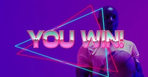 Image of you win text over neon pattern and african american basketball player Stock Photos