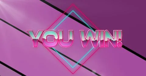 Image of you win text over neon banner against striped pattern purple background Stock Photos
