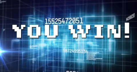 Image of you win text over data processing and light trails Foto stock
