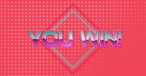 Image of you win text in pink metallic letters over grey dots on red background 스톡 일러스트