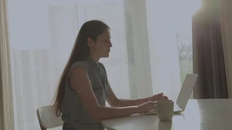 Image of young cheerful happy positive cute beautiful business woman sitting at  Video stock 220007154