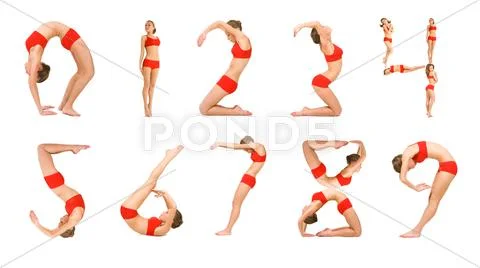 Image of young girl practicing physical exercises with her positions looking lik Stock Photos