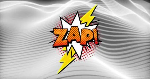 Image of zap text on explosion bolt over undulating grey network wave Stock Illustration
