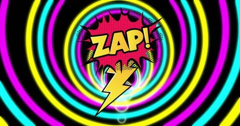 Image of zap text on explosion bolt over tunnel of pink, yellow and blue neon Stock Illustration