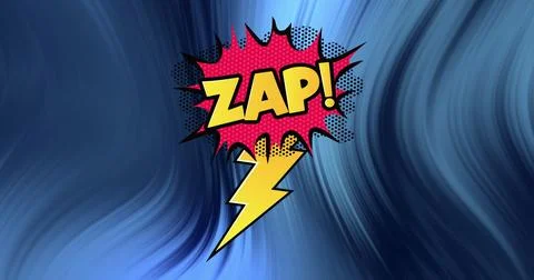 Image of zap text on explosion bolt over moving blue soft glowing swirl Stock Illustration