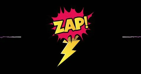 Image of zap text over fireworks on black background Stock Illustration