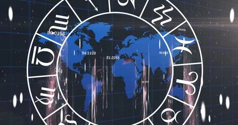 Image of zodiac signs over data processing and world map on black background 스톡 일러스트