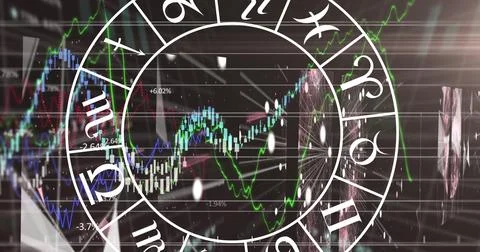 Image of zodiac signs over data processing on black background Illustrazione stock