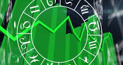 Image of zodiac signs over data processing on black background Illustrazione stock