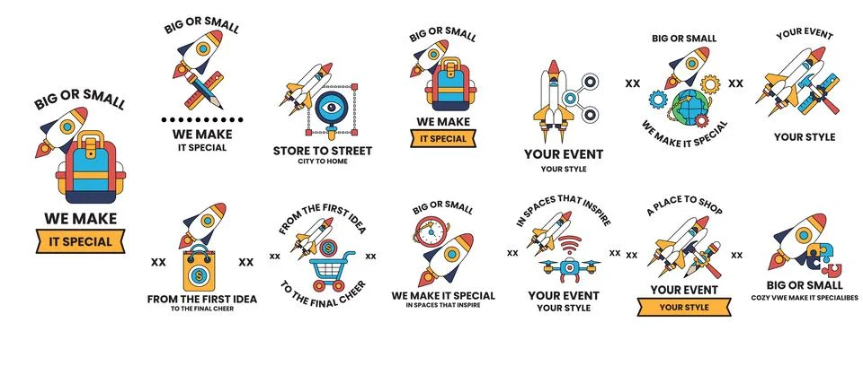 The images include a backpack, a rocket, a shopping cart, a cell phone Stock Illustration