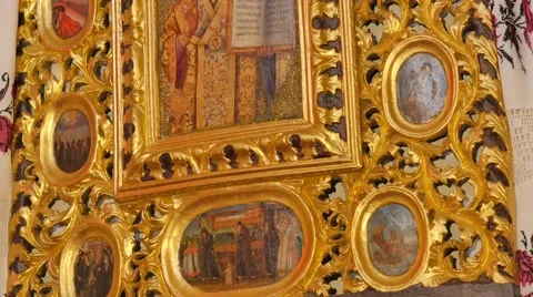 Images of Saints in Gilded Frames Trinity Day Service Seven Domed Cathedral Stock Footage 64106699