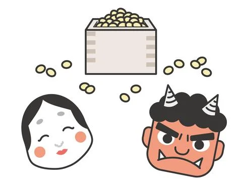 Images of Setsubun. Okame, red devil, and Setsubun beans. Stock Illustration