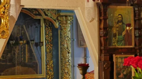 Images in Shining Gilded Frames Seven-Domed Cathedral Trinity Day Service Stock Footage 64106370