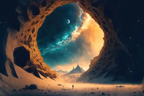 Imaginary alien planet with open space view. Mysterious mountain landscape Illustrazione stock