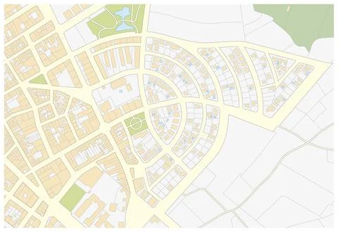 Imaginary cadastral map of an area with buildings and streets Illustration