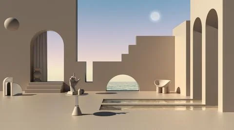 Imaginary fictional architecture, dreamlike empty space, design of exterior t Stock Illustration