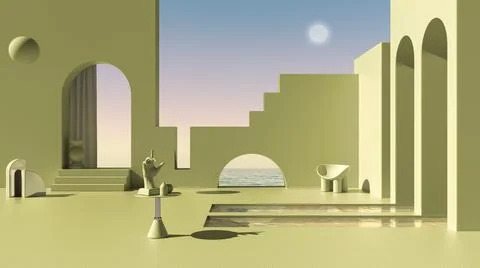 Imaginary fictional architecture, dreamlike empty space, design of exterior t Stock Illustration