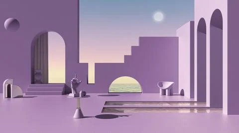 Imaginary fictional architecture, dreamlike empty space, design of exterior t Stock Illustration