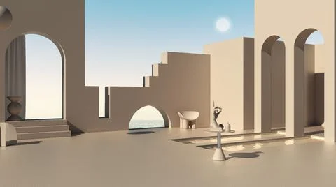 Imaginary fictional architecture, dreamlike empty space, design of exterior t Illustrazione stock
